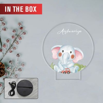 Personalized Baby Elephant Photo Frame with Warm White Light & Plastic Black Base Nursery Night Light Birthday Return Gift Kids Room Bedside Desk Table Lamp